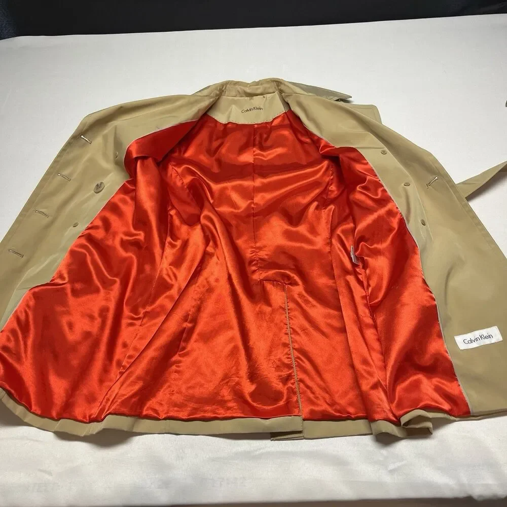 Calvin Klein Beige Double Breasted Belted Trench Coat Red - Picture 11 of 13